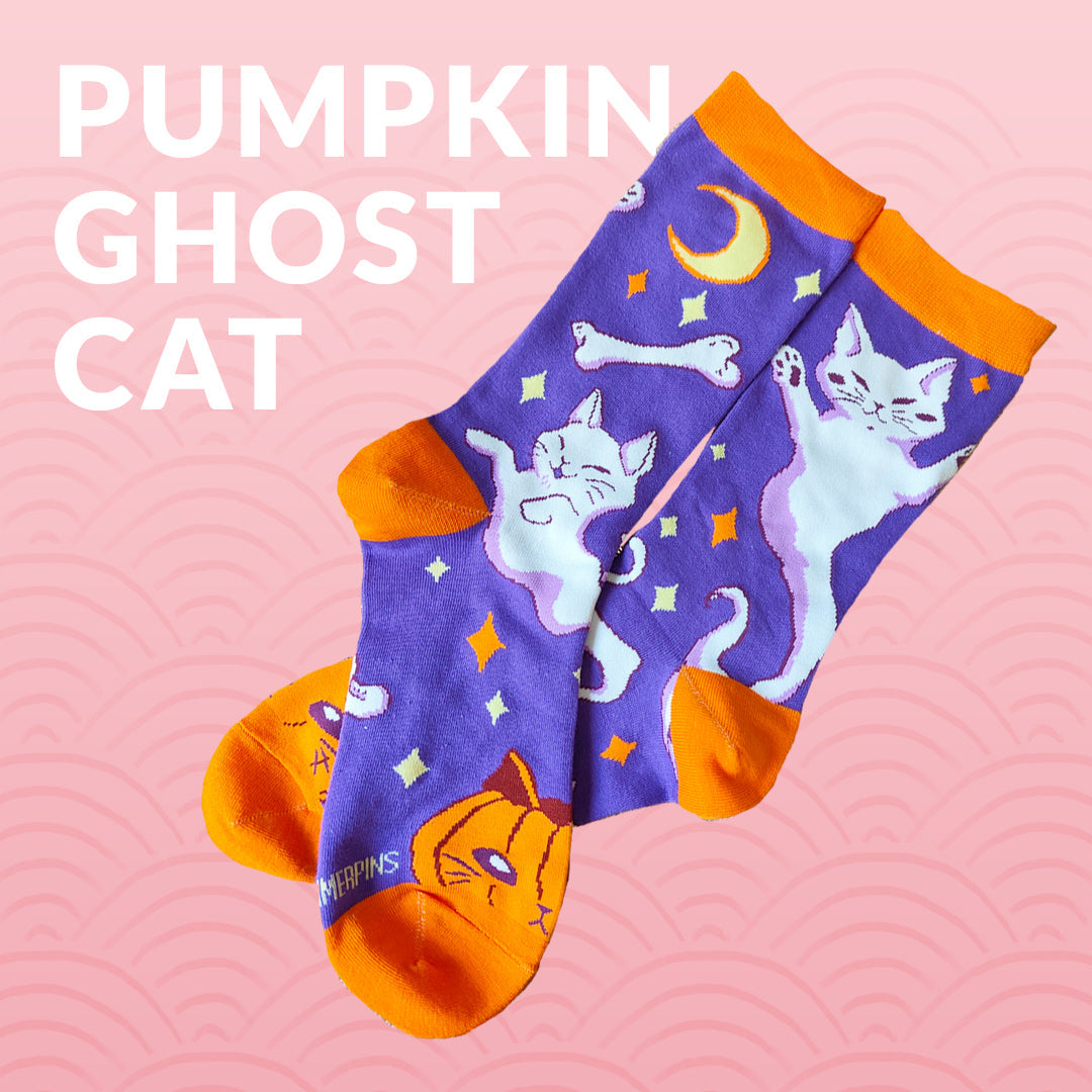 Pumpkin Ghost Cat - Art Socks